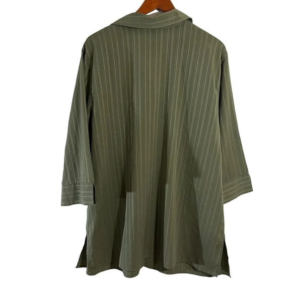 Fred David Button Up Shirt 22W Green Striped Front Pockets 3/4 Sleeves Collared - Picture 2 of 6
